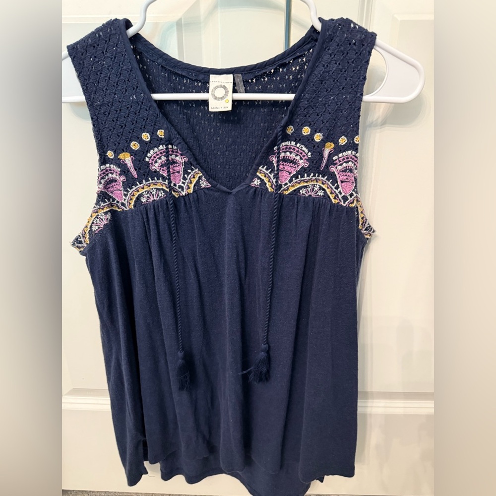 Anthropologie Akemi + Kin Blue Crochet Top - Boho Textured Blouse, Size Medium